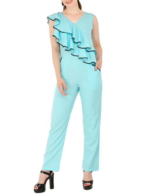 contrast lace ruffled full leg jumpsuit - 15440668 - Very Small Image - 1