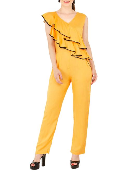 contrast lace ruffled full leg jumpsuit - 15440672 - Very Small Image - 1