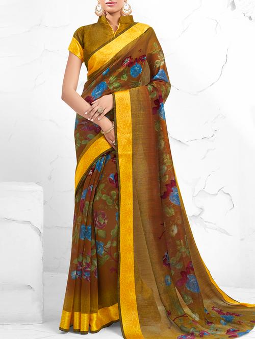 floral printed saree with blouse - 15441619 - Very Small Image - 1