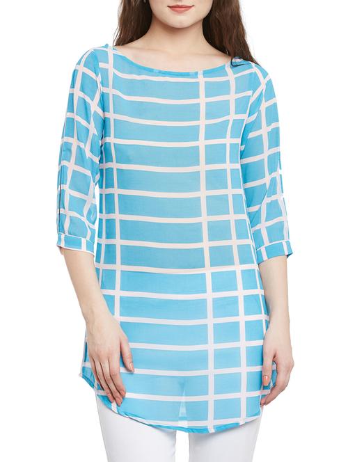 checkered boat neck rounded hem tunic - 15442069 - Very Small Image - 1