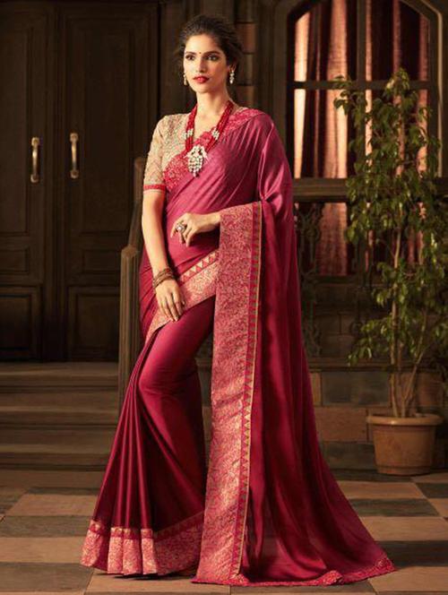 jacquard lace border maroon saree - 15442111 - Very Small Image - 1