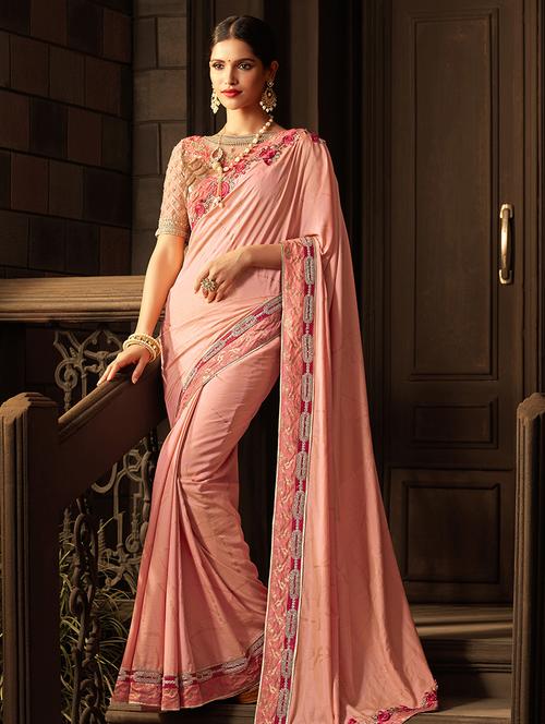 embroidered lace border pastel pink saree - 15442116 - Very Small Image - 1
