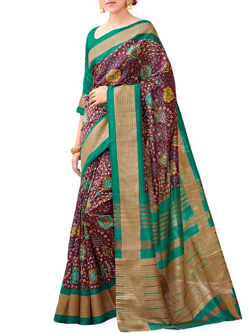 Contrast bordered tussar silk saree with blouse - 15443468 - Very Small Image - 1