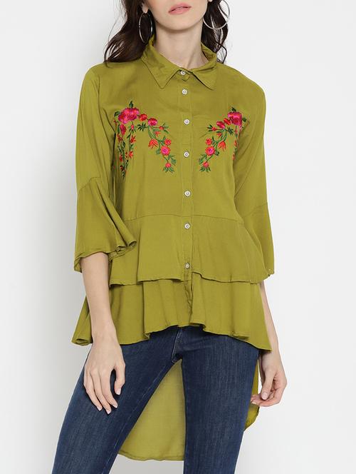button down ruffle high low tunic - 15444145 - Very Small Image - 1