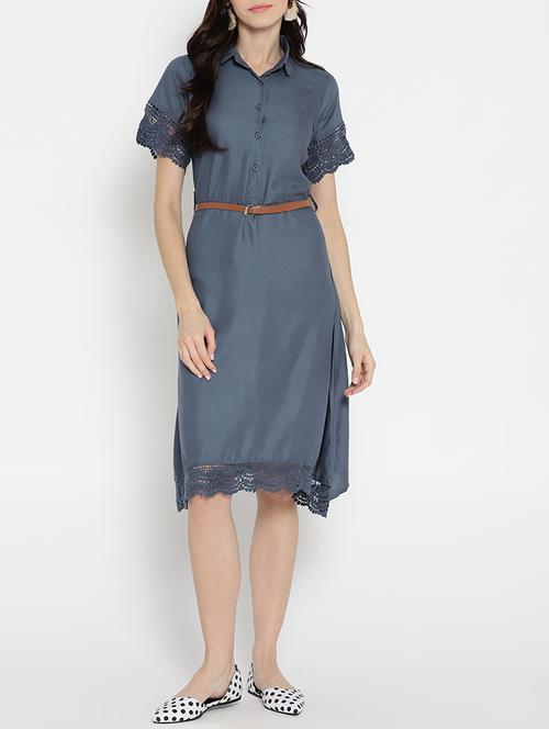 belted lace trim detail dress - 15444150 - Very Small Image - 1