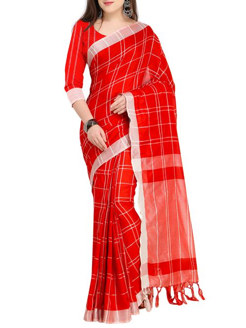 contrast checkered woven saree with tassels with blouse - 15444767 - Very Small Image - 1