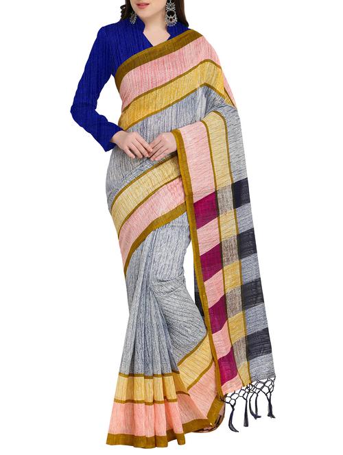 contrast border striped pallu saree with blouse - 15444790 - Very Small Image - 1