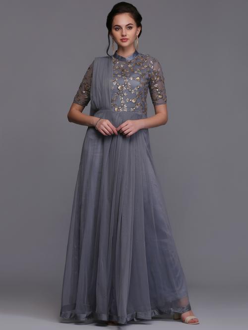 grey nylon fit & flare gown - 15445227 - Very Small Image - 1