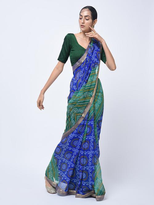 contrast shades bandhani saree with blouse - 15447758 - Very Small Image - 1