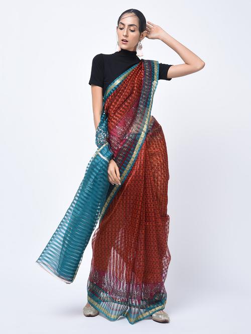 contrast border abstract printed saree with blouse - 15447765 - Very Small Image - 1
