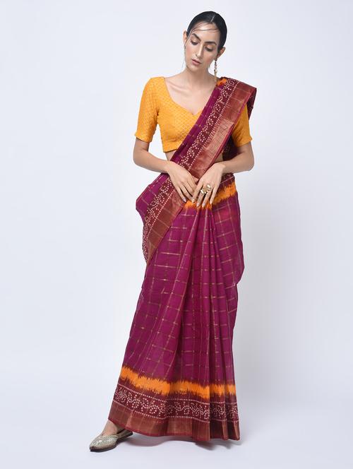 bandhani pallu checkered woven saree with blouse - 15447767 - Very Small Image - 1