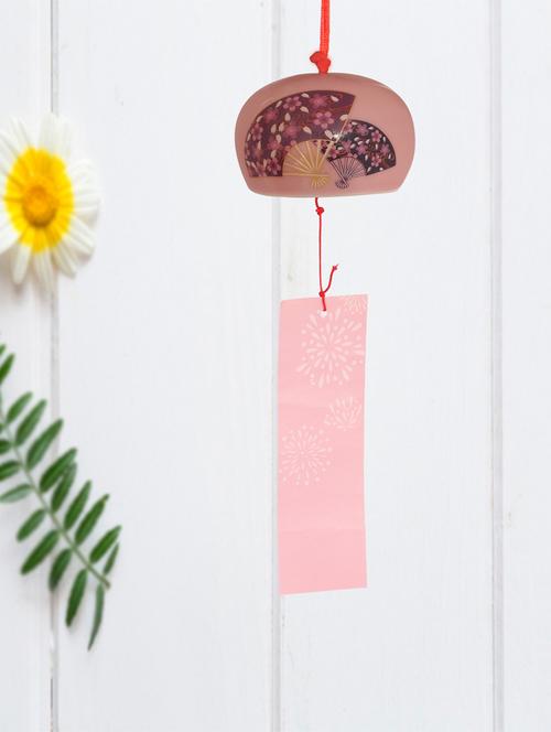 ceramic melodious sound wind chime bell in pink color with fan design - 15447968 - Very Small Image - 1
