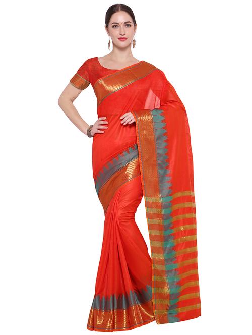 contrast temple border woven saree with blouse - 15449426 - Very Small Image - 1