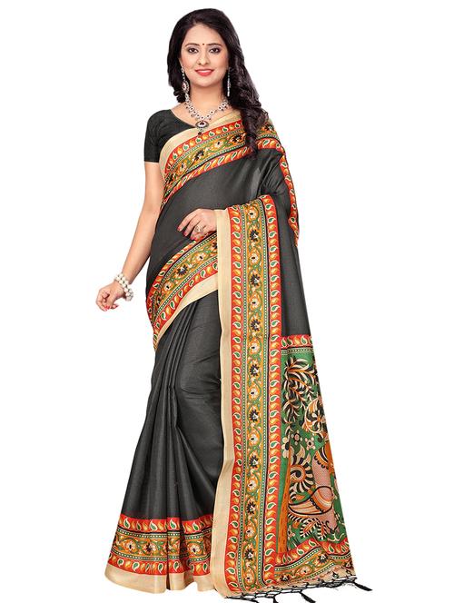 kalamkari border printed saree with blouse - 15449452 - Very Small Image - 1