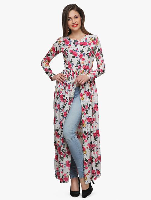 button detail front slit floral tunic - 15449731 - Very Small Image - 1