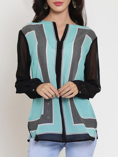 sheer sleeved notch neck top - 15449741 - Very Small Image - 1