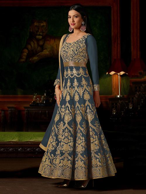 embroidered semi-stitched anarkali suit - 15449840 - Very Small Image - 1