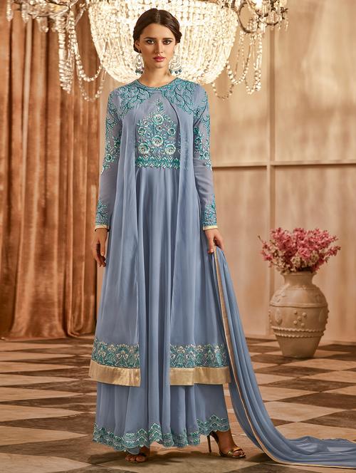 embroidered semi-stitched flared suit - 15449864 - Very Small Image - 1