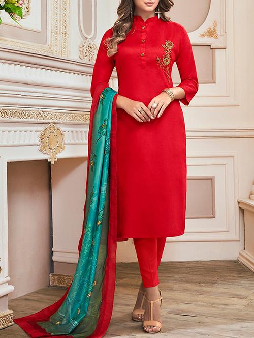 embroidered semi-stitched straight pant suit - 15449886 - Very Small Image - 1