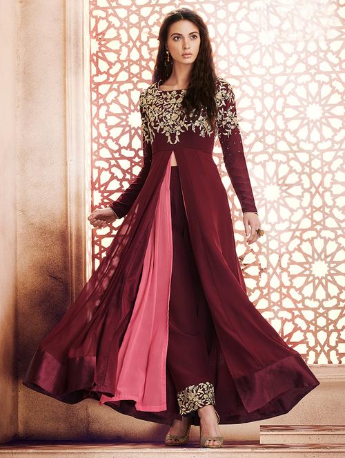 embroidered semi-stitched slit suit - 15449957 - Very Small Image - 1