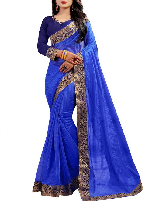 lace border solid sky blue saree with blouse - 15450313 - Very Small Image - 1