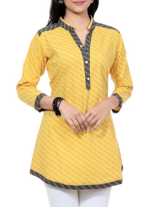 yellow cotton straight kurti - 15450451 - Very Small Image - 1