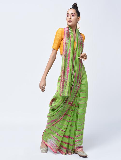 contrast shades chanderi shibori saree with blouse - 15450521 - Very Small Image - 1