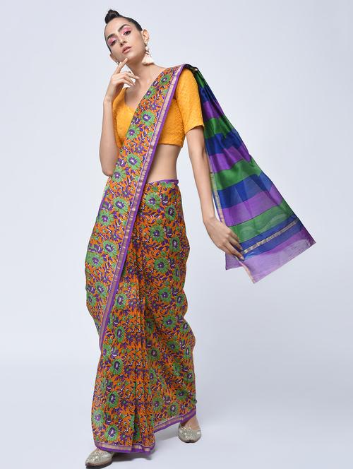 chanderi floral striped pallu saree with blouse - 15450523 - Very Small Image - 1