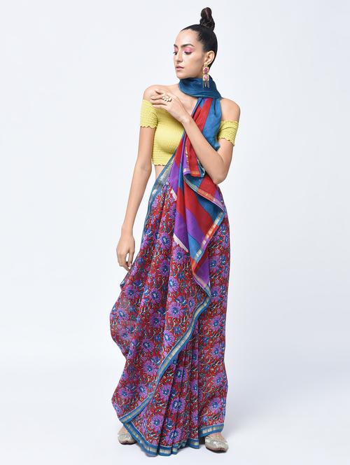 chanderi floral striped pallu saree with blouse - 15450524 - Very Small Image - 1