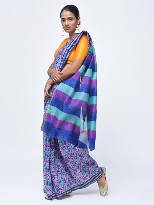 chanderi floral striped pallu saree with blouse - 15450526 - Very Small Image - 1