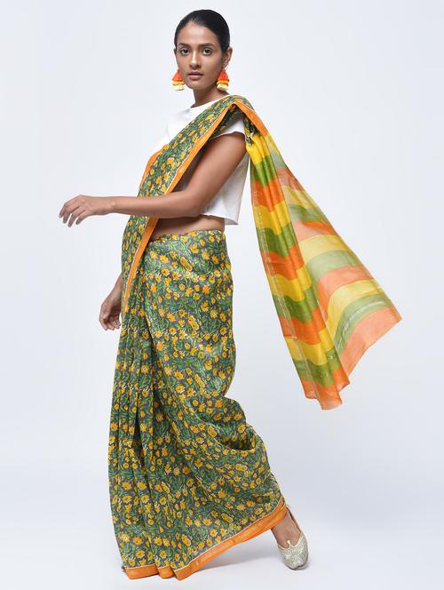 chanderi floral striped pallu saree with blouse - 15450529 - Very Small Image - 1