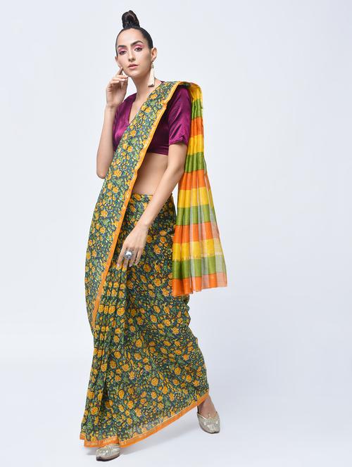 chanderi floral striped pallu saree with blouse - 15450534 - Very Small Image - 1