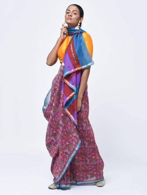 chanderi floral striped pallu saree with blouse - 15450535 - Very Small Image - 1