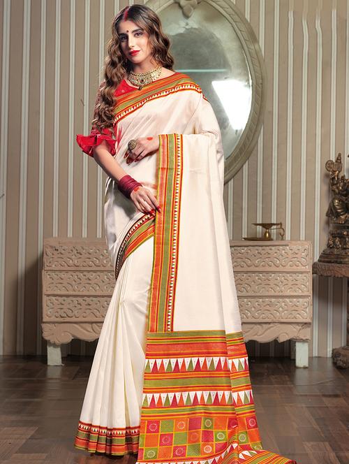 contrast temple border cream saree with blouse - 15450948 - Very Small Image - 1