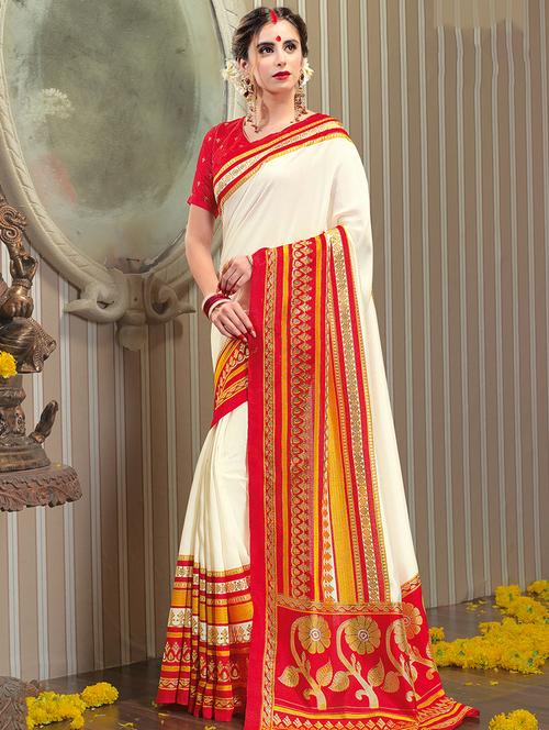 contrast printed border cream saree with blouse - 15450952 - Very Small Image - 1