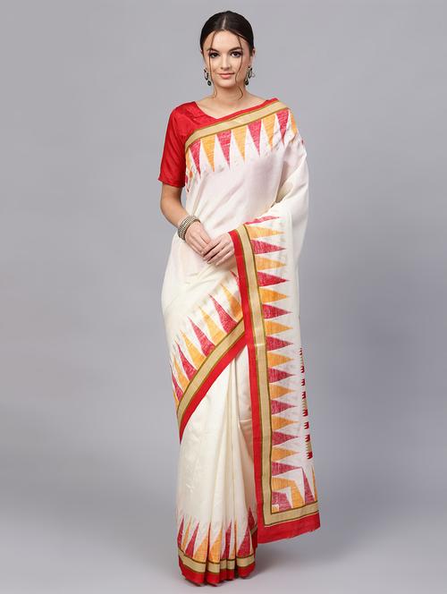contrast temple border cream saree with blouse - 15450953 - Very Small Image - 1