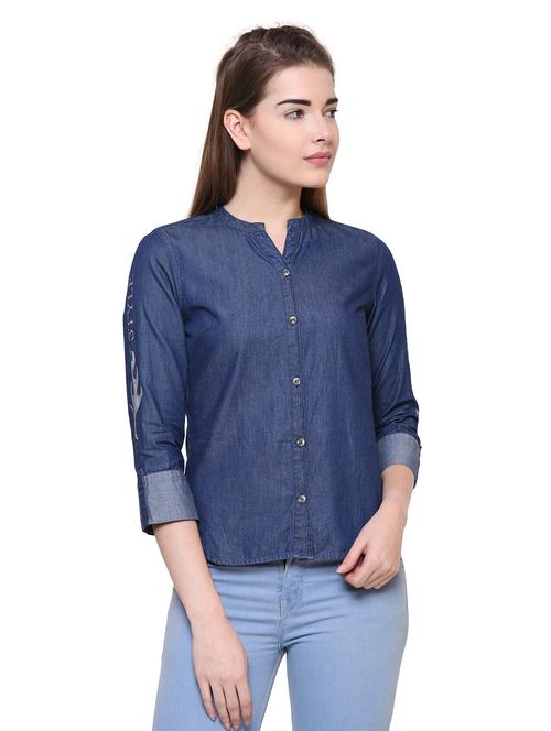 graphic print mandarin collar denim top - 15451208 - Very Small Image - 1