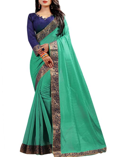 lace border solid turquoise saree with blouse - 15451625 - Very Small Image - 1