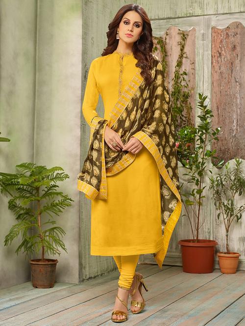 mustard yellow unstitched churidaar suit - 15453923 - Very Small Image - 1