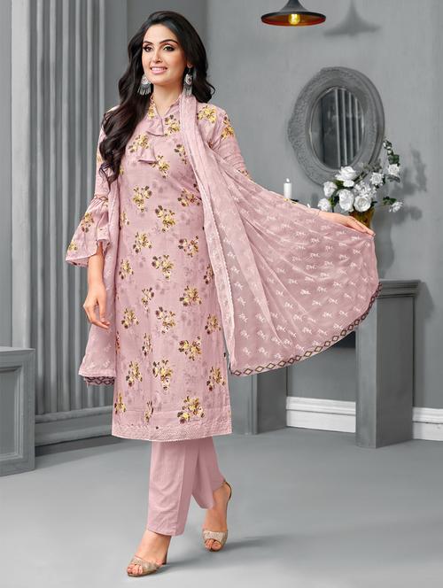 embroidered unstitched straight pant suit - 15453942 - Very Small Image - 1