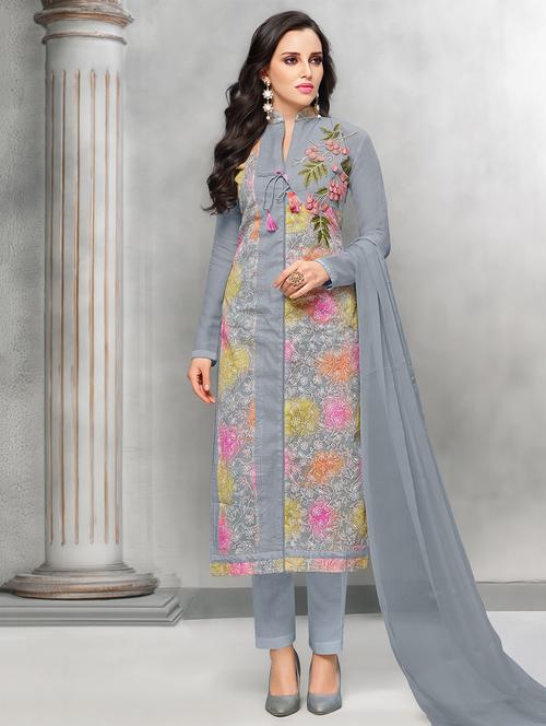 embroidered unstitched straight pant suit - 15453952 - Very Small Image - 1