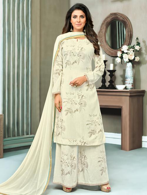 cream cotton blend unstitched suit - 15453958 - Very Small Image - 1