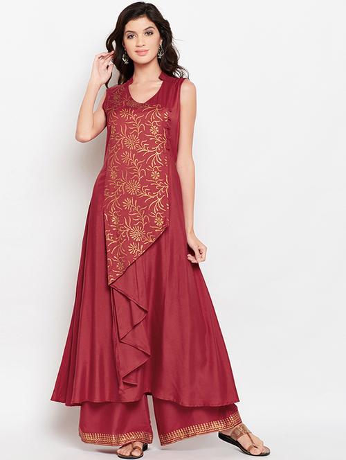 foil printed burgundy kurta with palazzo set - 15455357 - Very Small Image - 1