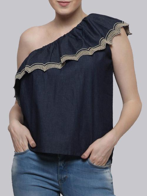 embroidered ruffle detailed single shoulder top - 15455956 - Very Small Image - 1
