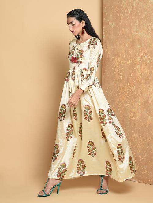 cream flared printed dress - 15456344 - Very Small Image - 1