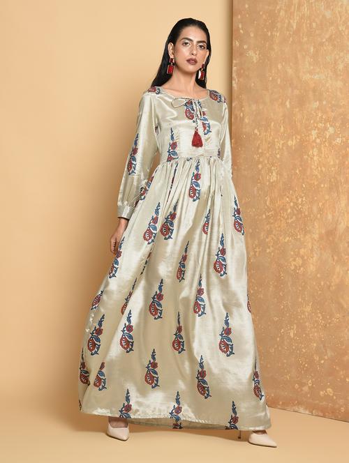 flared foil printed dress with tassels - 15456347 - Very Small Image - 1