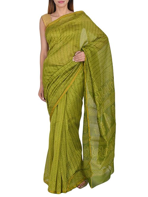 block printed motif handloom saree with blouse - 15458669 - Very Small Image - 1