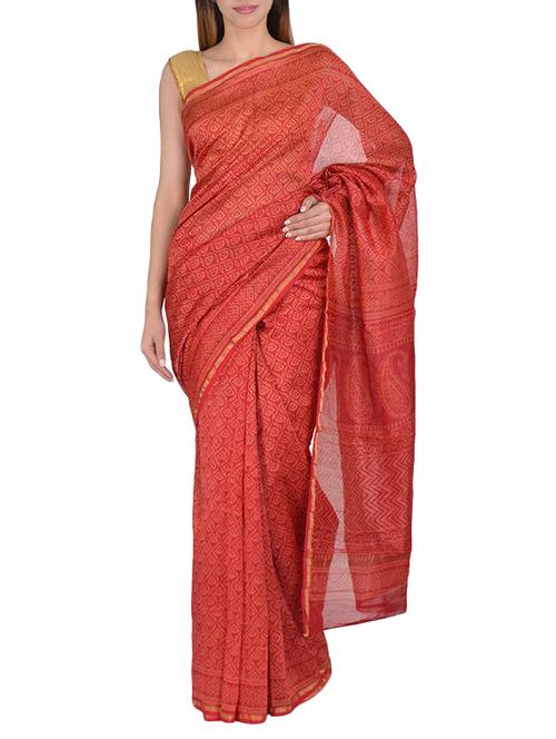 block printed motif handloom saree with blouse - 15458679 - Very Small Image - 1