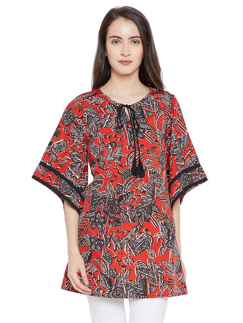 kimono sleeved neck tie-up printed tunic - 15458824 - Very Small Image - 1