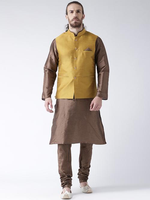 brown silk blend kurta pyjama set with nehru jacket - 15458958 - Very Small Image - 1